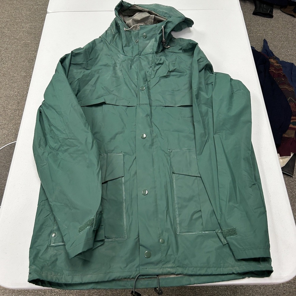LL Bean Rain Jacket Mens M Green Vintage Hooded PVC Nylon Parka Coat C2